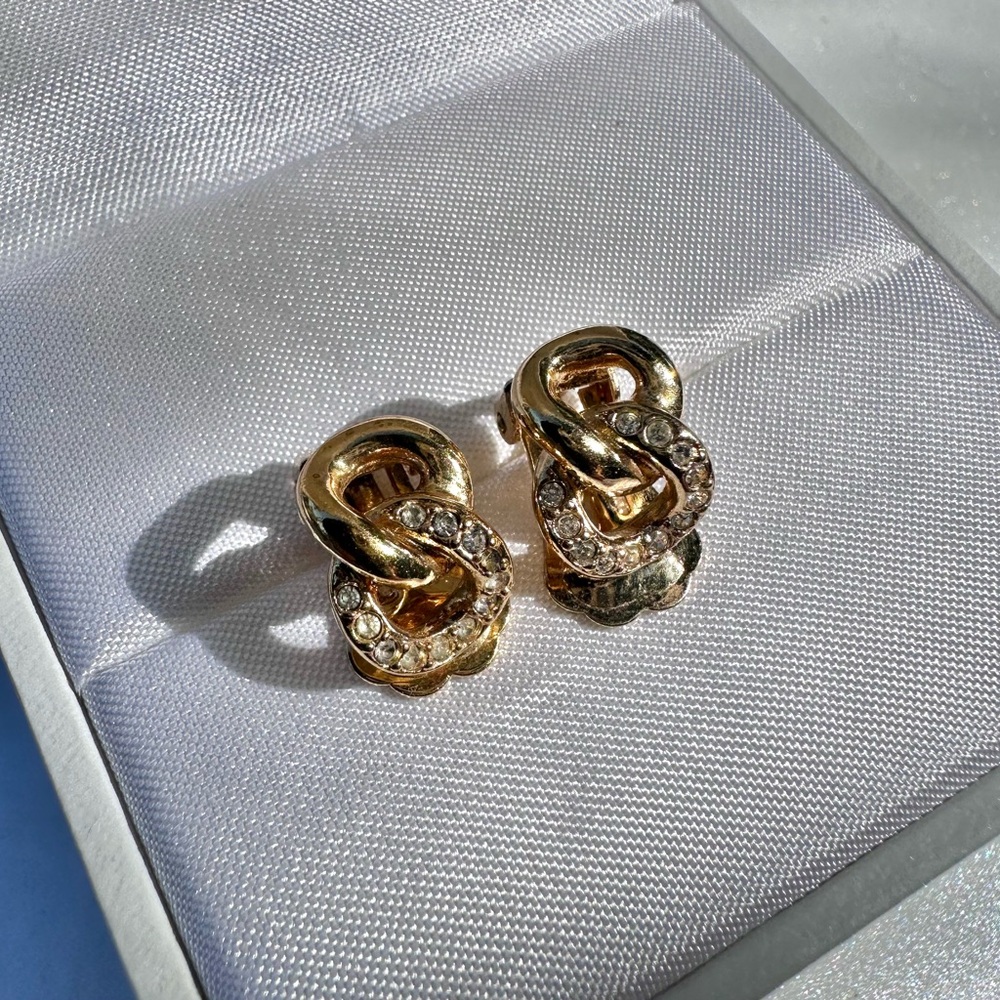 Christian Dior Vintage Gold-Tone Crystal Knot Clip-On Earrings (with box)